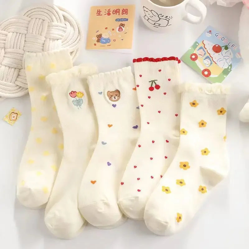 Set de Chaussettes Kawaii en Coton - Ourson et Fleur Jaune avec Dentelle