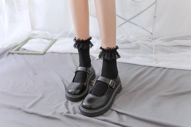 Women Socks Lace Lolita Jk Japanese Style White Black Solid kawaii Girl Cotton Cute Ankle Socks For Famale носки женские