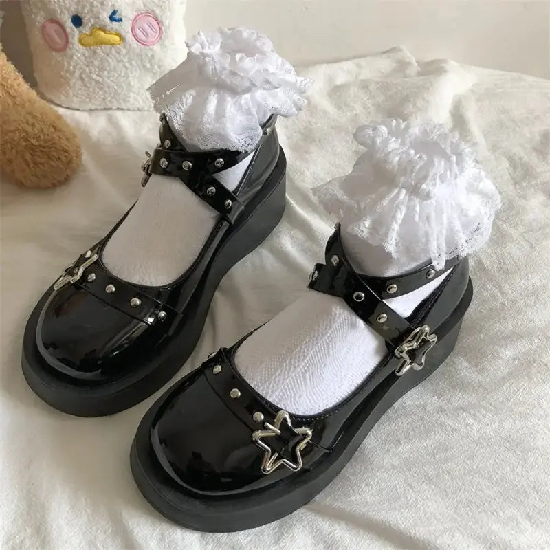 Shoes Lolita shoes Women heels platform mary janes Star Buckle Strap Mary Janes Women Cross-tied Girls Rivet Casual kawaii shoes