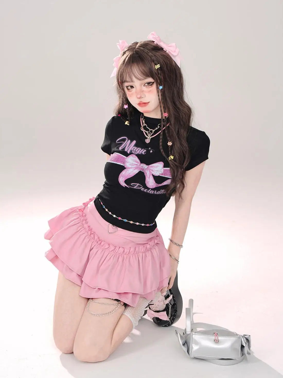 Y2K Kellykitty Japan Black Half Length Skirt Female A-word Summer Fluffy Skirt Self Cultivation Appear Thin Cake Short Pleated