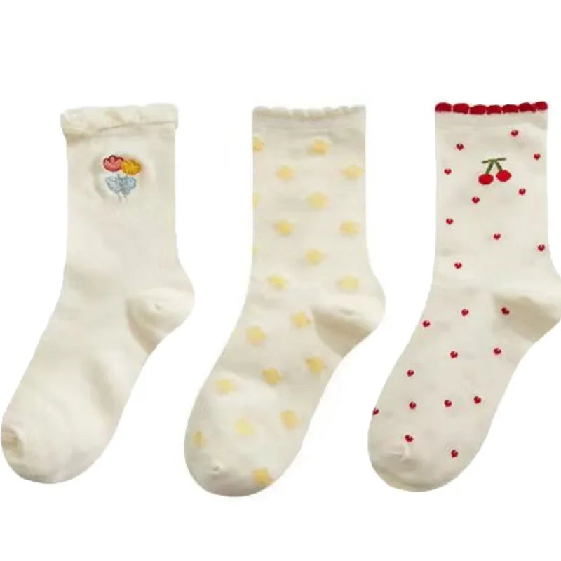 Set de Chaussettes Kawaii en Coton - Ourson et Fleur Jaune avec Dentelle 4 One Size
