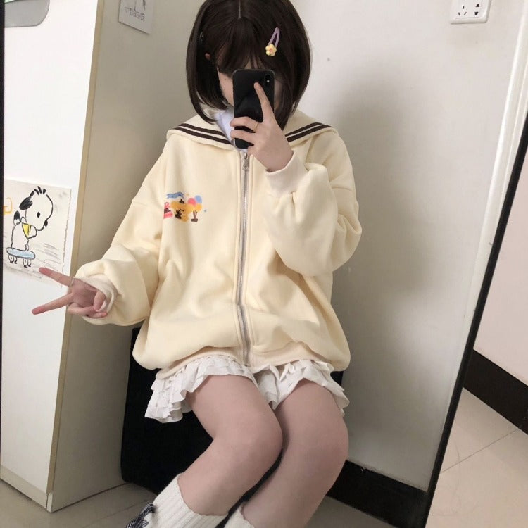 Harajuku Kawaii Zip Up Hoodie Women Sailor Collar Japanese Style Cute Sweatshirts Oversize Lolita Girly Anime Print Jacket