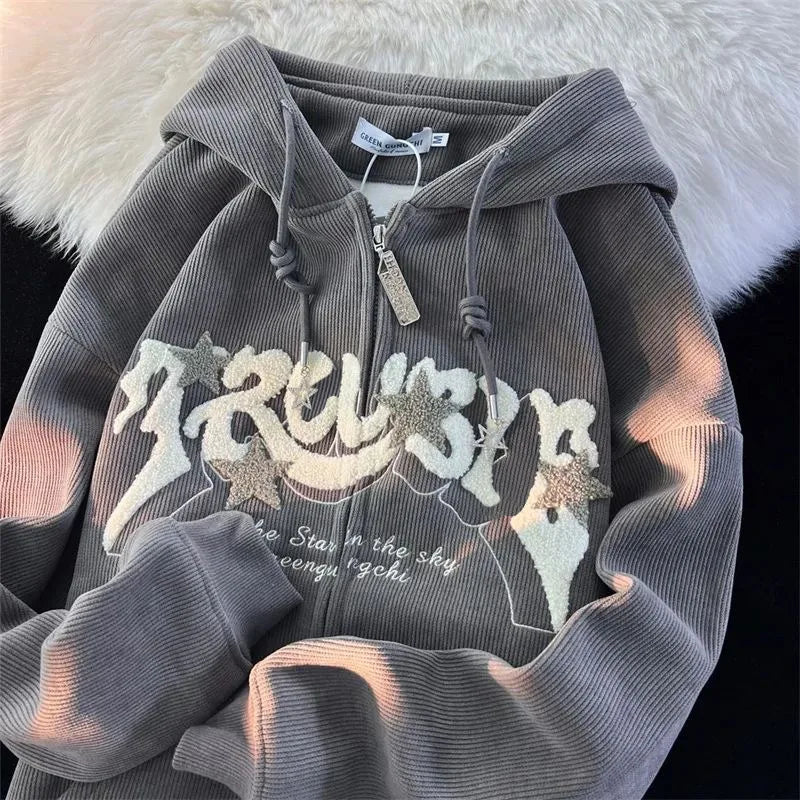 Sweat à Capuche en Velours Côtelé - Y2K Gris
