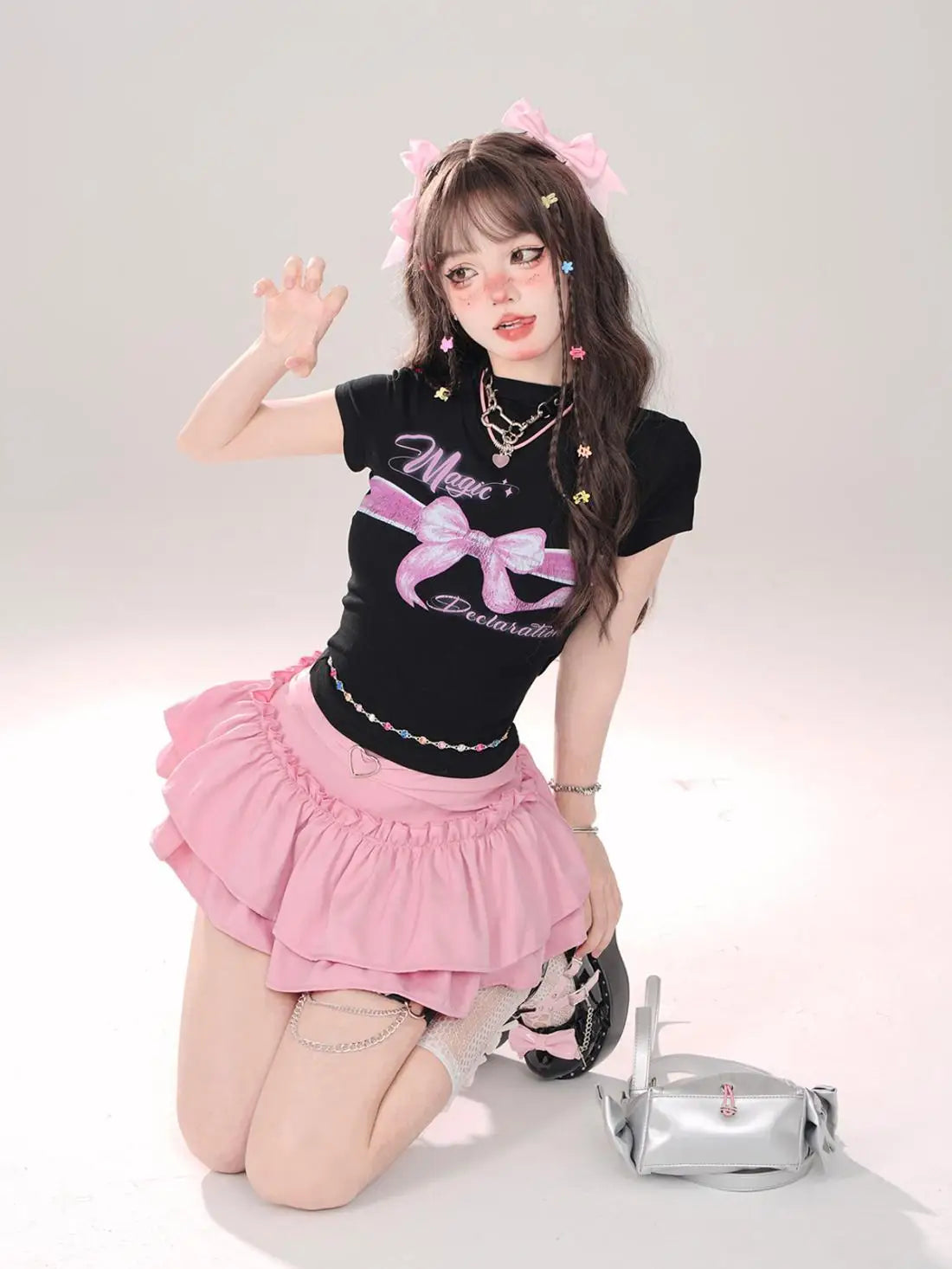 Y2K Kellykitty Japan Black Half Length Skirt Female A-word Summer Fluffy Skirt Self Cultivation Appear Thin Cake Short Pleated