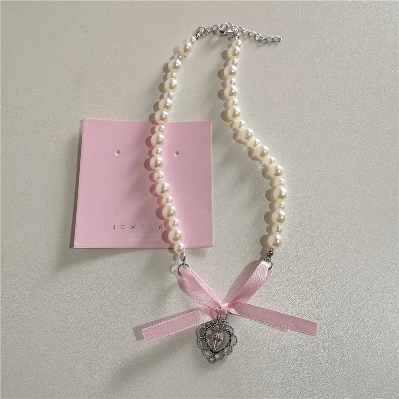 Collier Cœur avec Nœud Rose et Perles, Style Lolita Émo 5