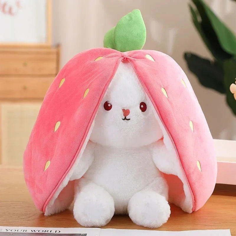 Peluche Kawaii Lapin Transformable en Fraise et Carotte Fraise Bunny