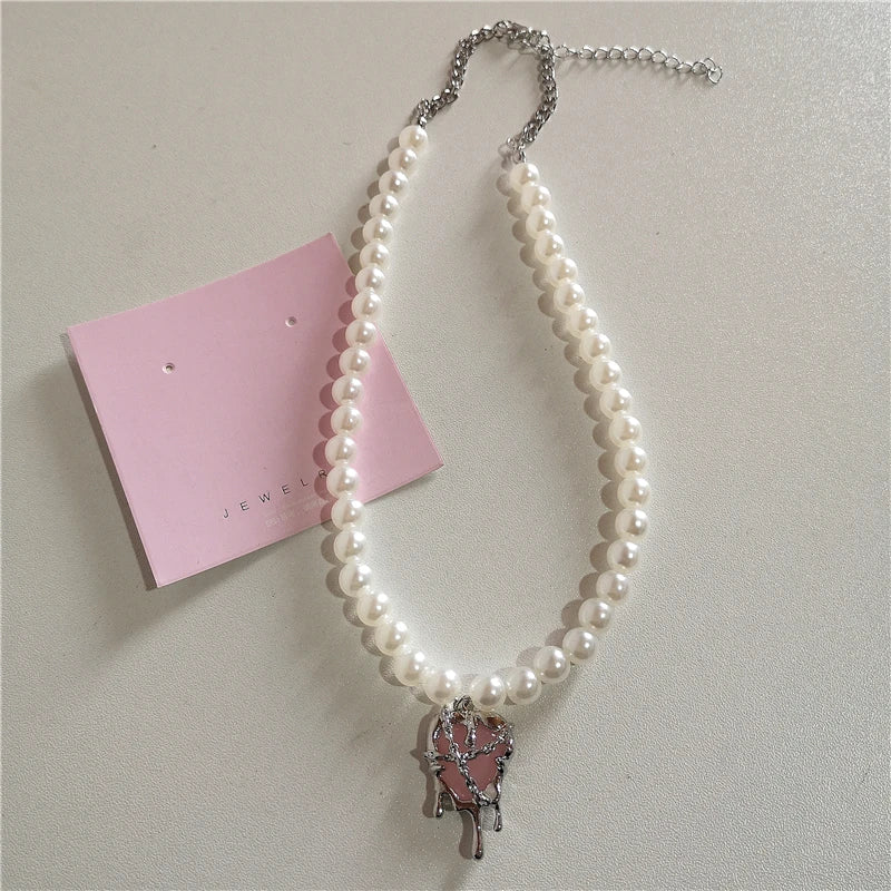 Collier Cœur avec Nœud Rose et Perles, Style Lolita Émo 3