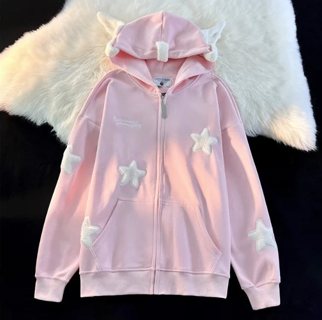 Sweet Street Star-shape Embroidery Kawaii Hoodies Coats Women Autumn Winter Women's Sweatshirt Cardigan Korean Fashion Zip Hoody