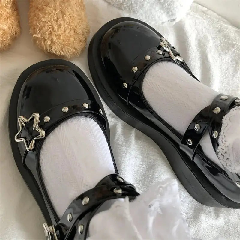 Shoes Lolita shoes Women heels platform mary janes Star Buckle Strap Mary Janes Women Cross-tied Girls Rivet Casual kawaii shoes