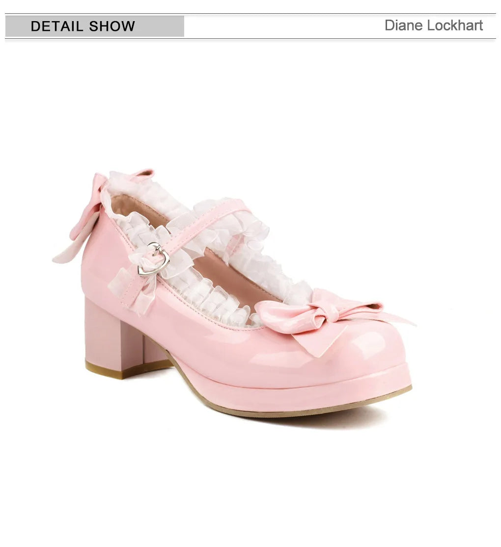 Woman Med Heel Lolita Shoes Patent Leather Cute Bow Mary Jane Pumps Bride Wedding Cosplay Party Red Pink Black Green Size 31-43