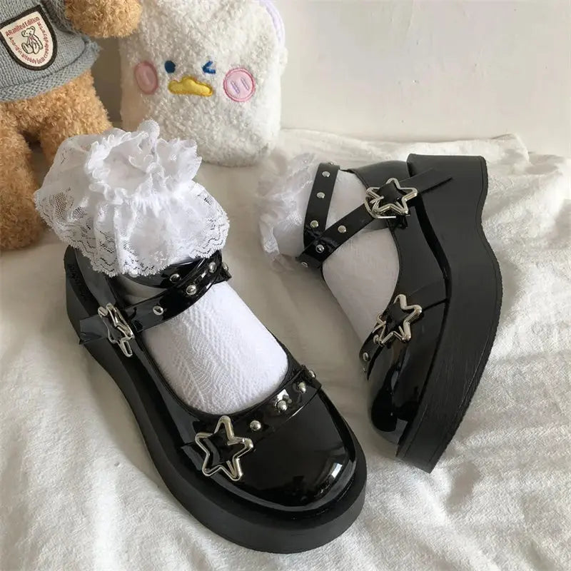 Shoes Lolita shoes Women heels platform mary janes Star Buckle Strap Mary Janes Women Cross-tied Girls Rivet Casual kawaii shoes