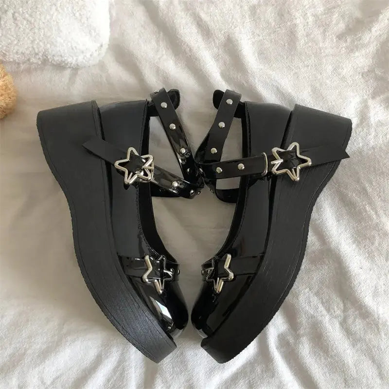 Shoes Lolita shoes Women heels platform mary janes Star Buckle Strap Mary Janes Women Cross-tied Girls Rivet Casual kawaii shoes