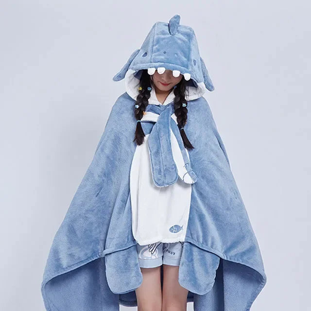 Cape Kawaii Bat en Polaire - Poncho d'Hiver Anime avec Capuche Bleu Unique