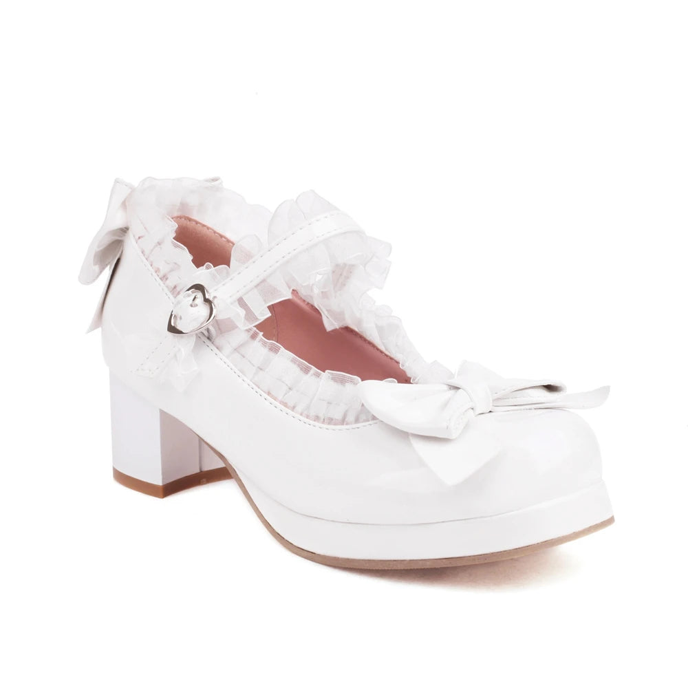 Woman Med Heel Lolita Shoes Patent Leather Cute Bow Mary Jane Pumps Bride Wedding Cosplay Party Red Pink Black Green Size 31-43