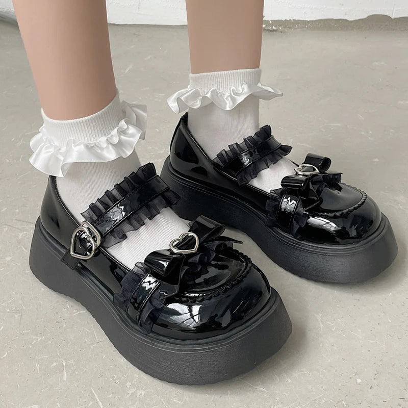 Chaussures Kawai à Plateforme - Cœur Lolita Y2K Noir