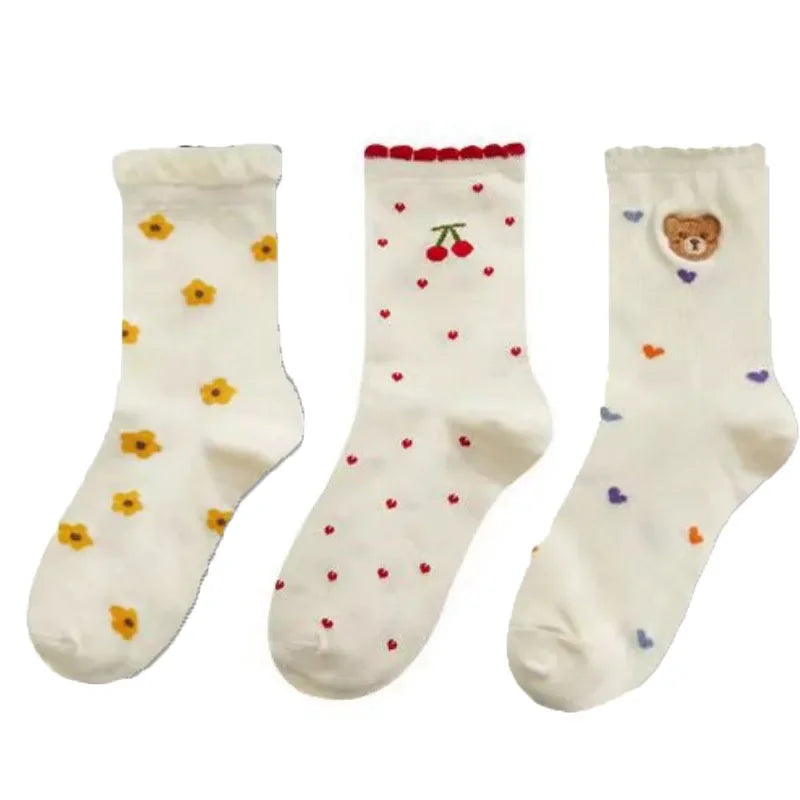 Set de Chaussettes Kawaii en Coton - Ourson et Fleur Jaune avec Dentelle 2 One Size