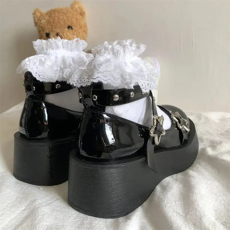 Shoes Lolita shoes Women heels platform mary janes Star Buckle Strap Mary Janes Women Cross-tied Girls Rivet Casual kawaii shoes