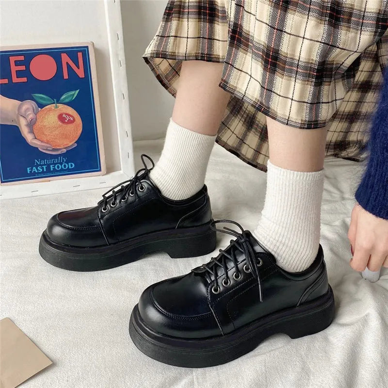 Mocassins Kawaii à Lacets Vintage Noir