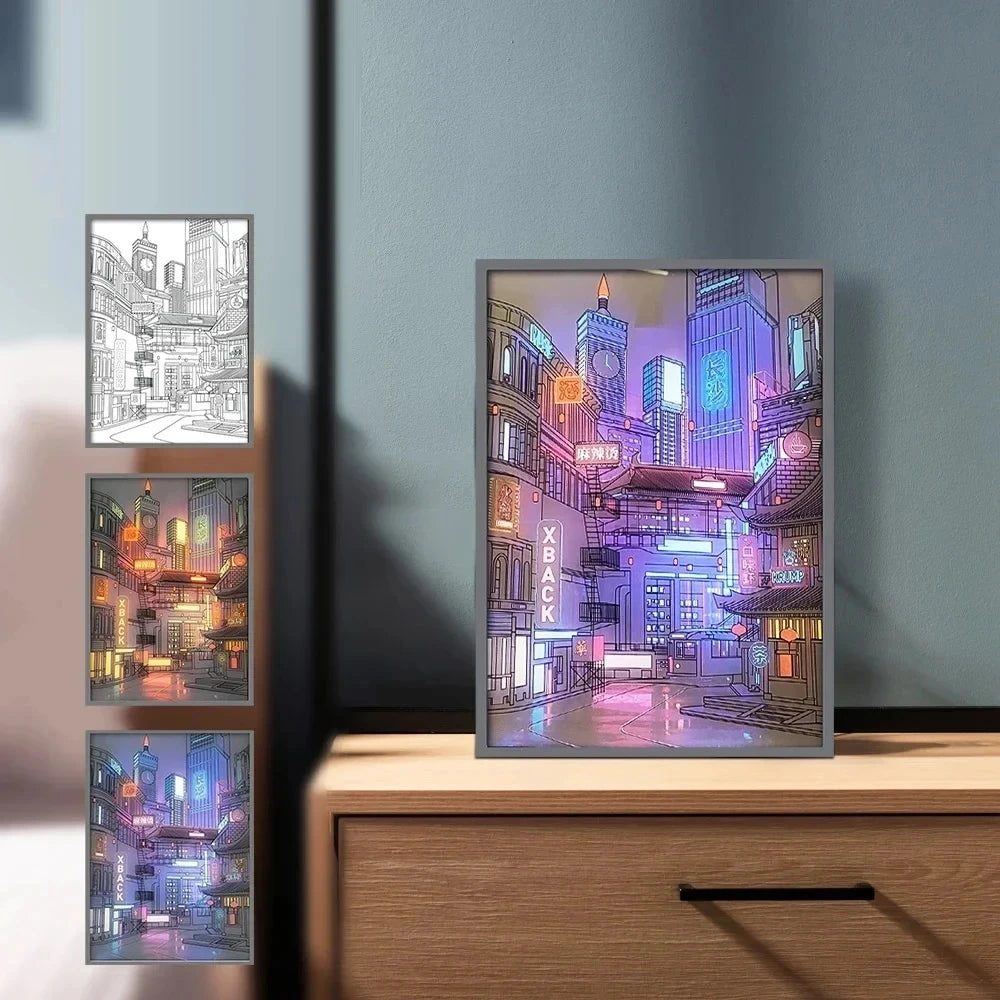 Lampe Kawaii LED - Peinture Lumière Ville Nocturne Romantique