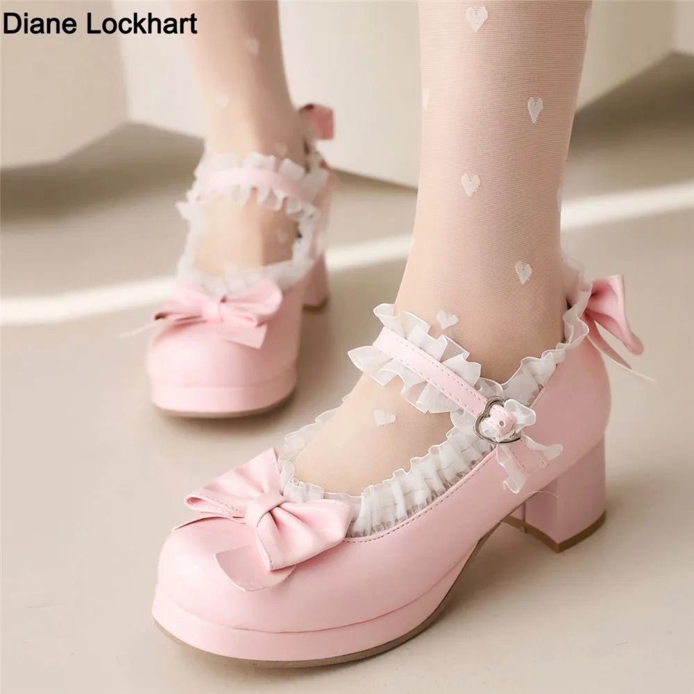 Woman Med Heel Lolita Shoes Patent Leather Cute Bow Mary Jane Pumps Bride Wedding Cosplay Party Red Pink Black Green Size 31-43