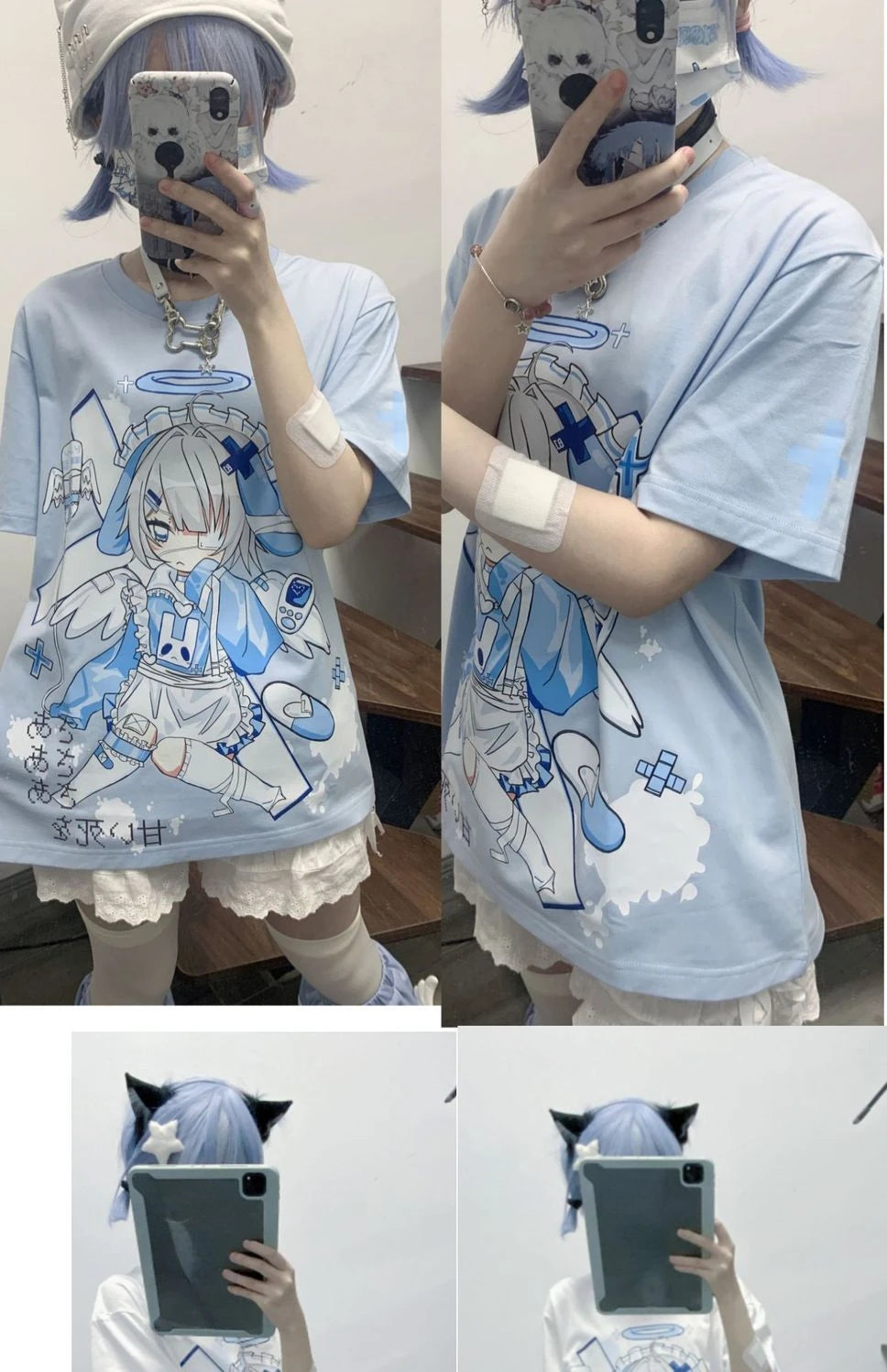 Women Harajuku Japanese Cartoon Cute Print T-shirt Kawaii Oversized Grunge T Shirts Y2k Aesthetic Blue Summer Streetwear Tees