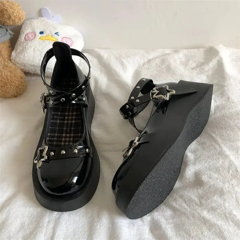 Shoes Lolita shoes Women heels platform mary janes Star Buckle Strap Mary Janes Women Cross-tied Girls Rivet Casual kawaii shoes