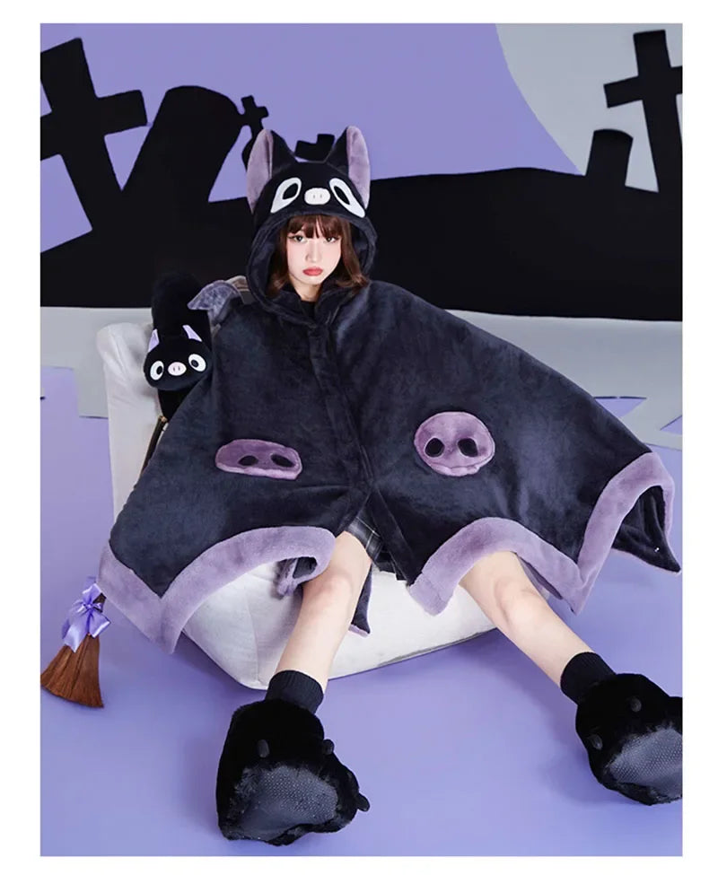 Cape Kawaii Bat en Polaire - Poncho d'Hiver Anime avec Capuche Noir Unique