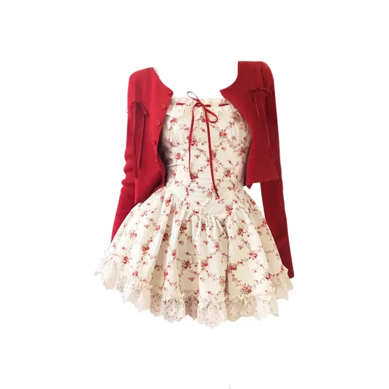 Robe Fleurie et Cardigan Tricoté Rouge L'ensemble