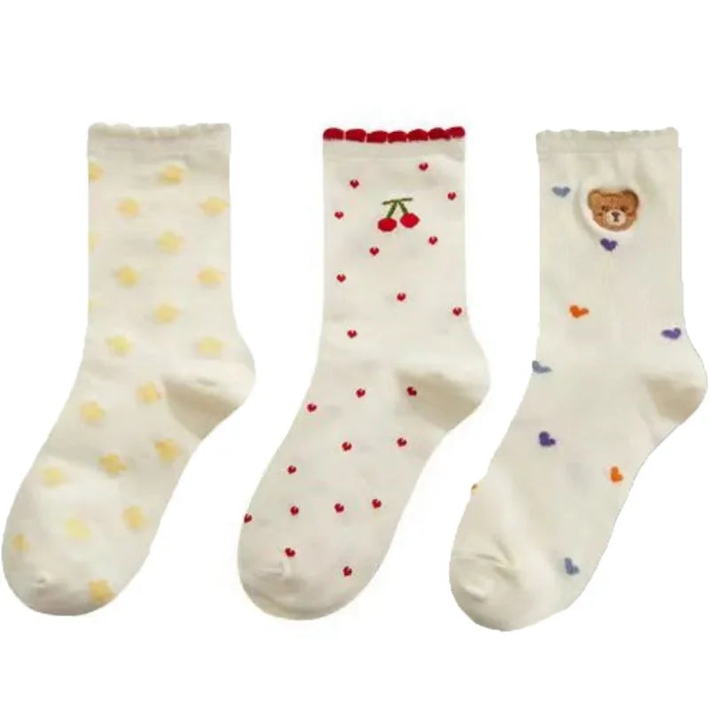 Set de Chaussettes Kawaii en Coton - Ourson et Fleur Jaune avec Dentelle 1 One Size