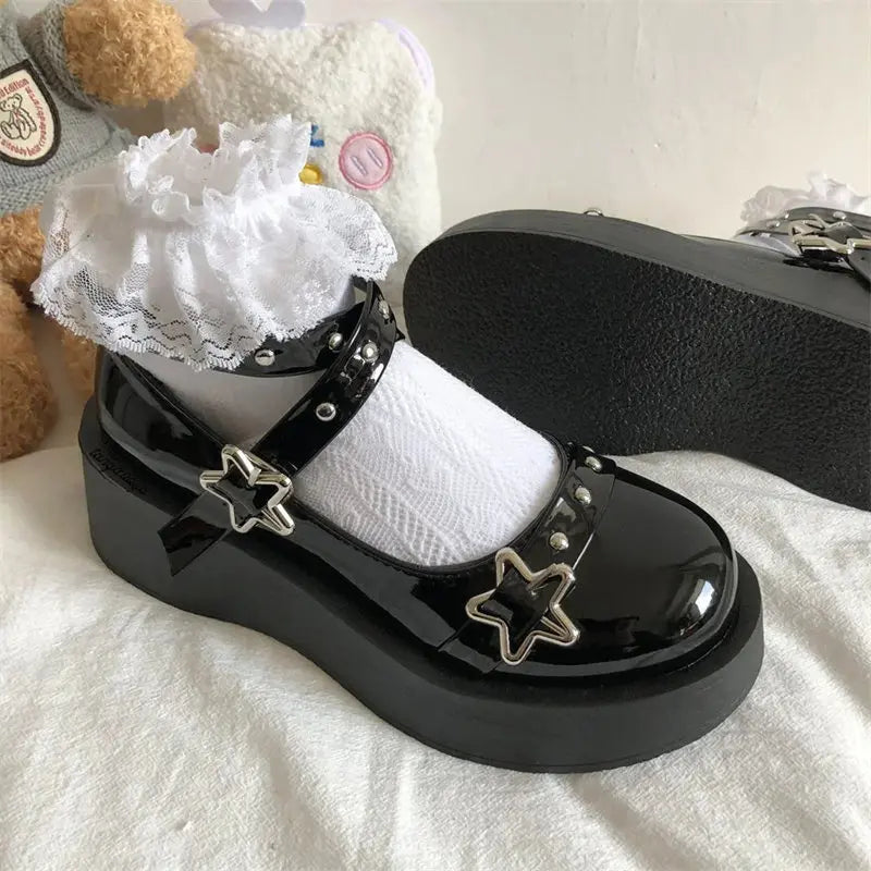 Shoes Lolita shoes Women heels platform mary janes Star Buckle Strap Mary Janes Women Cross-tied Girls Rivet Casual kawaii shoes