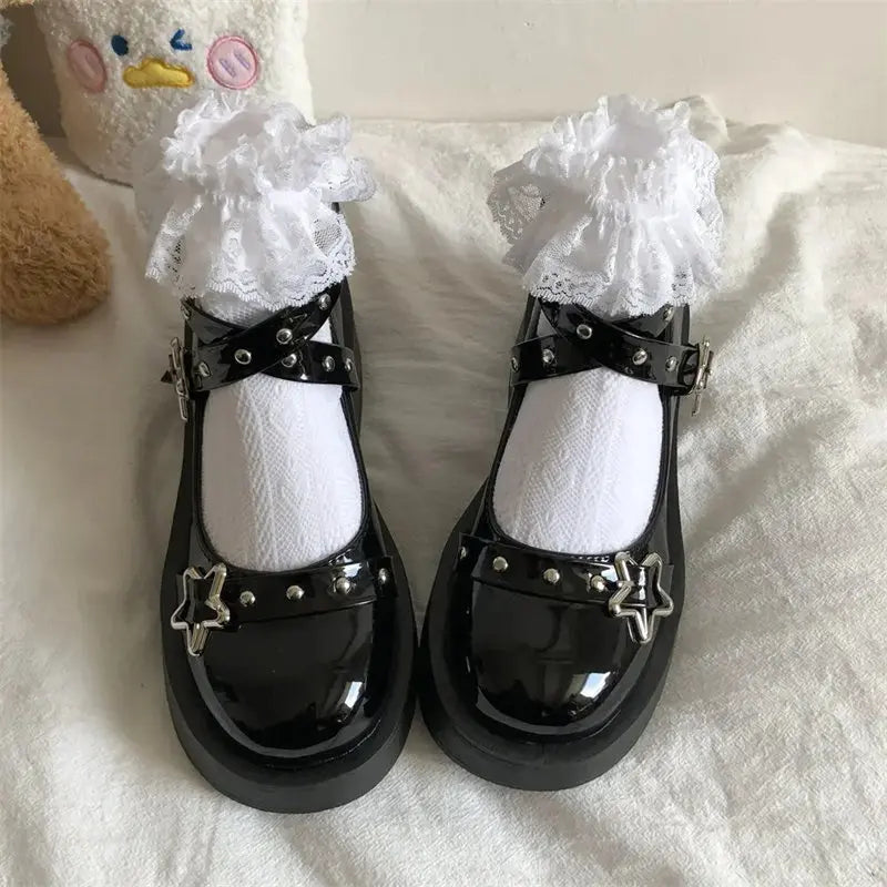 Shoes Lolita shoes Women heels platform mary janes Star Buckle Strap Mary Janes Women Cross-tied Girls Rivet Casual kawaii shoes