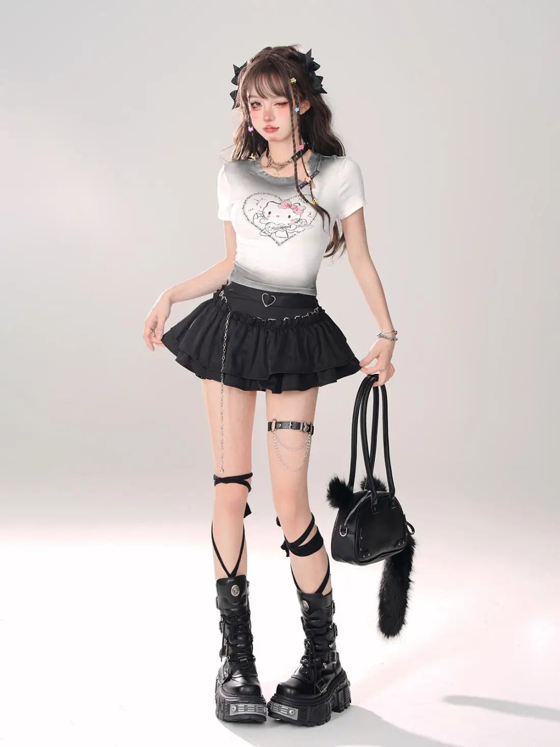 Y2K Kellykitty Japan Black Half Length Skirt Female A-word Summer Fluffy Skirt Self Cultivation Appear Thin Cake Short Pleated