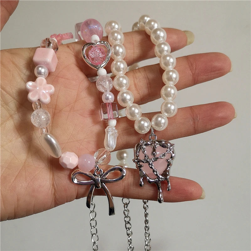 Collier Cœur avec Nœud Rose et Perles, Style Lolita Émo