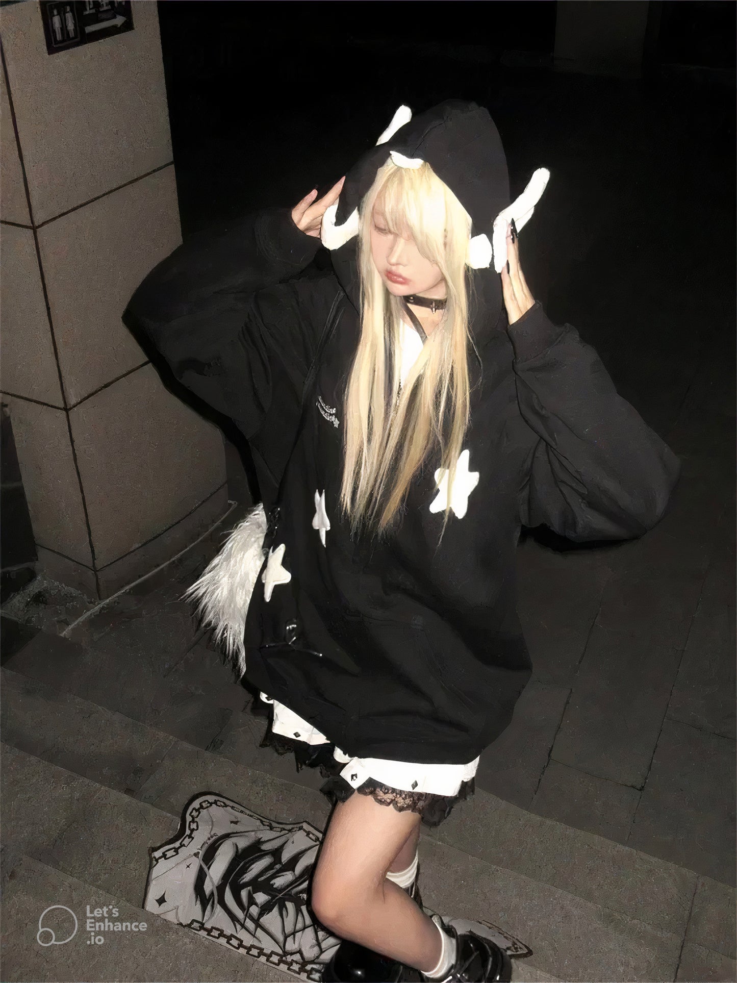 Sweet Street Star-shape Embroidery Kawaii Hoodies Coats Women Autumn Winter Women's Sweatshirt Cardigan Korean Fashion Zip Hoody black