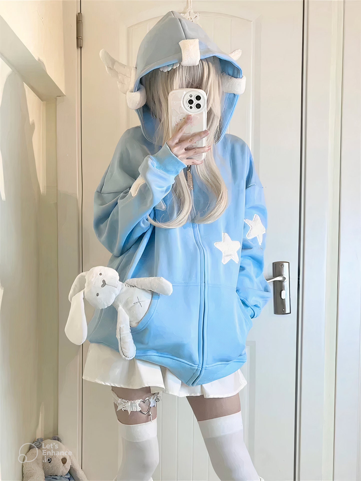 Sweet Street Star-shape Embroidery Kawaii Hoodies Coats Women Autumn Winter Women's Sweatshirt Cardigan Korean Fashion Zip Hoody Blue
