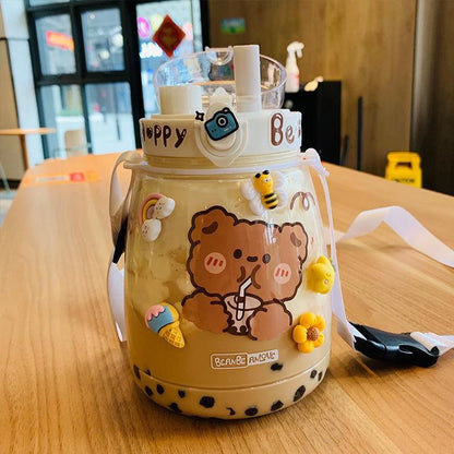 Gourde Kawaii Jumbo Ours 1300ML - Bouteille avec Paille et Stickers 3D