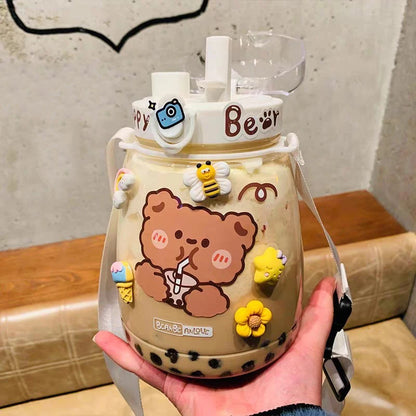 Gourde Kawaii Jumbo Ours 1300ML - Bouteille avec Paille et Stickers 3D