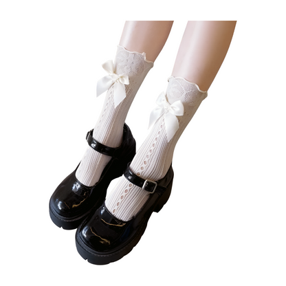 Chaussettes en Dentelle avec Nœud - Style Lolita Japonais  Univers Kawaii Beige Taille unique 