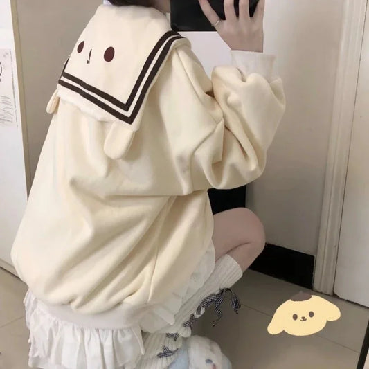 Harajuku Kawaii Zip Up Hoodie Women Sailor Collar Japanese Style Cute Sweatshirts Oversize Lolita Girly Anime Print Jacket