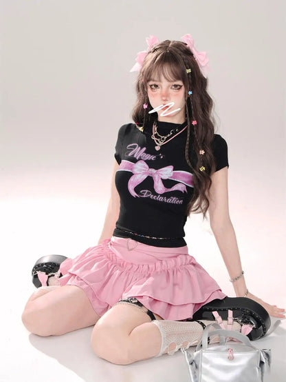 Y2K Kellykitty Japan Black Half Length Skirt Female A-word Summer Fluffy Skirt Self Cultivation Appear Thin Cake Short Pleated