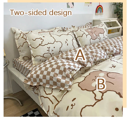 Parure de Lit Kawaii Ours et Fleurs - Housse de Couette + Taies & Drap