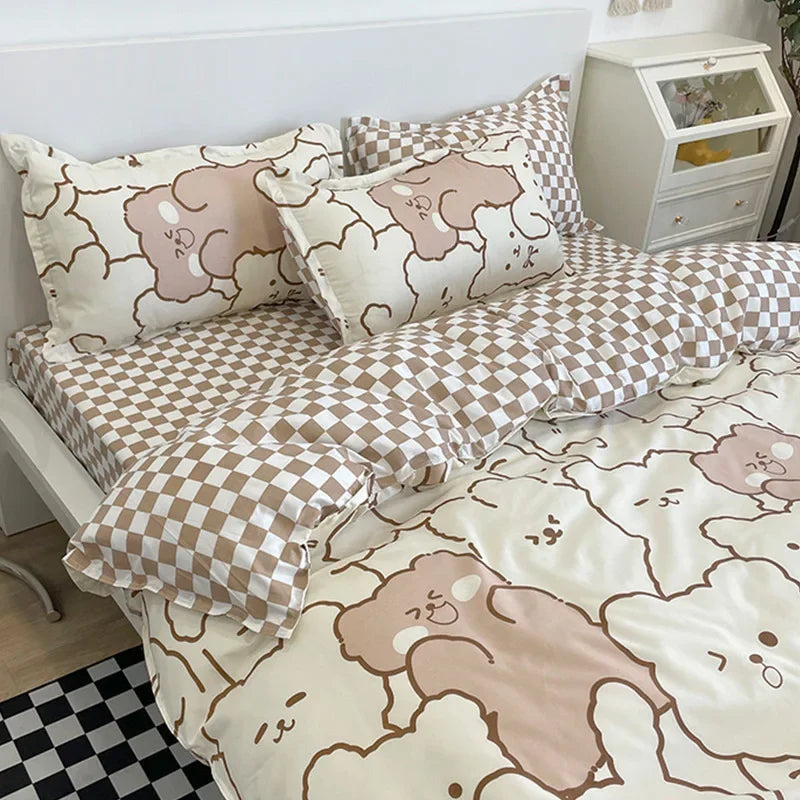 Parure de Lit Kawaii Ours et Fleurs - Housse de Couette + Taies & Drap