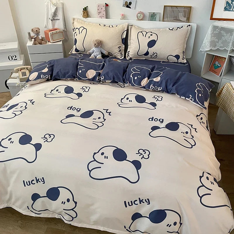 Parure de Lit Kawaii Ours et Fleurs - Housse de Couette + Taies & Drap Chien