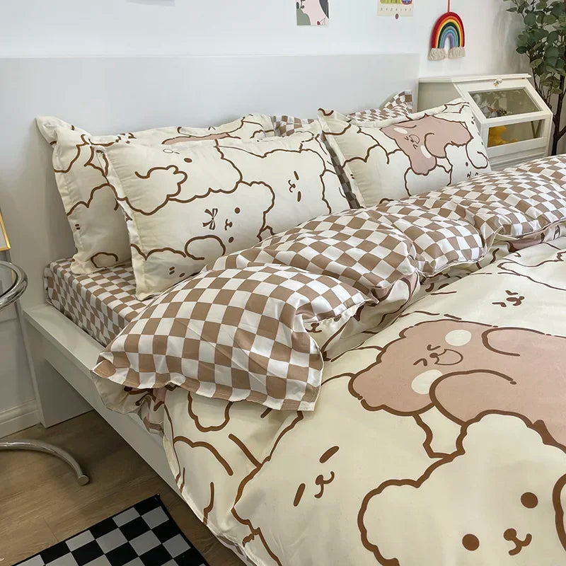 Parure de Lit Kawaii Ours et Fleurs - Housse de Couette + Taies & Drap Ours
