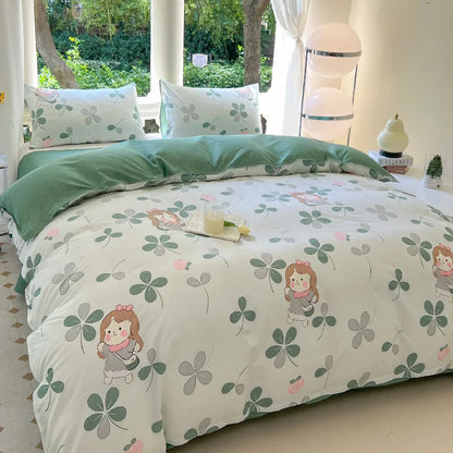 Parure de Lit Kawaii Ours et Fleurs - Housse de Couette + Taies & Drap