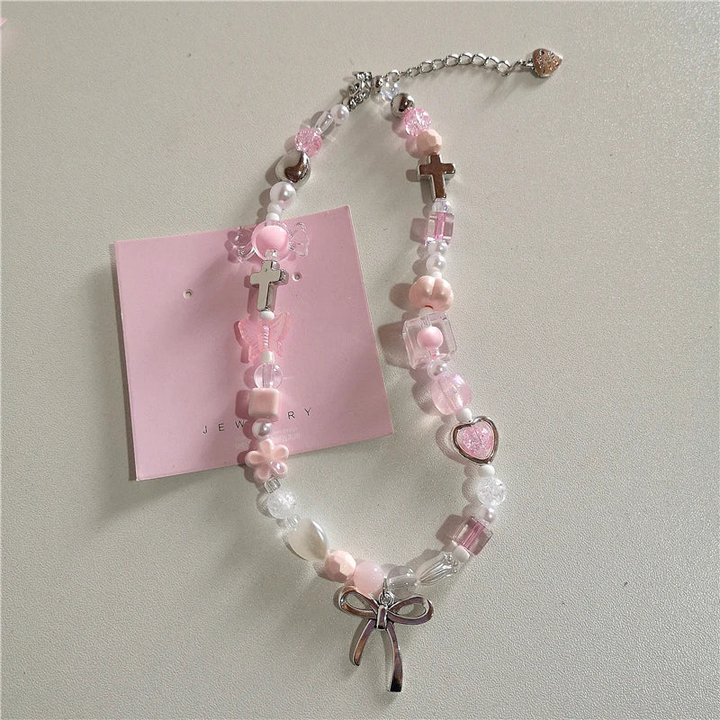 Collier Cœur avec Nœud Rose et Perles, Style Lolita Émo  Univers Kawaii 2  