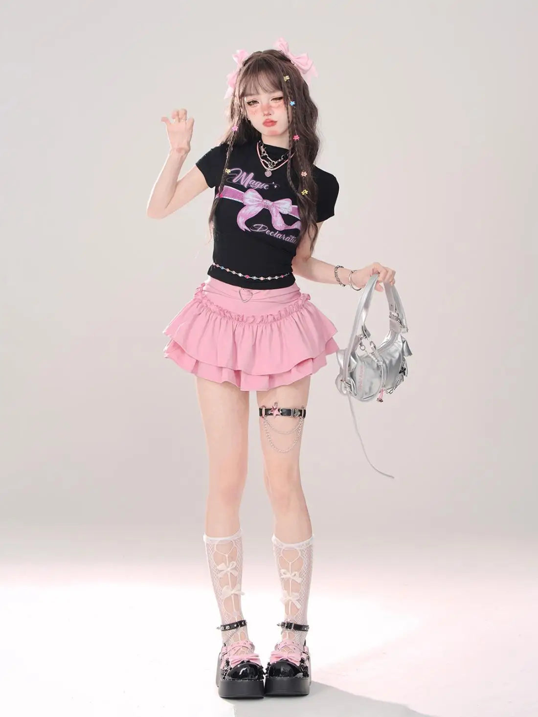 Y2K Kellykitty Japan Black Half Length Skirt Female A-word Summer Fluffy Skirt Self Cultivation Appear Thin Cake Short Pleated