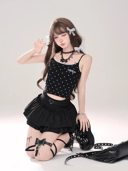 Y2K Kellykitty Japan Black Half Length Skirt Female A-word Summer Fluffy Skirt Self Cultivation Appear Thin Cake Short Pleated