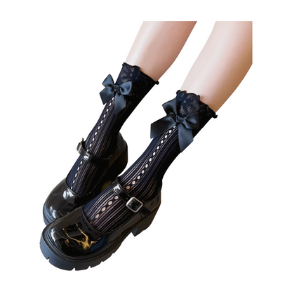 Chaussettes en Dentelle avec Nœud - Style Lolita Japonais  Univers Kawaii Noir Taille unique 