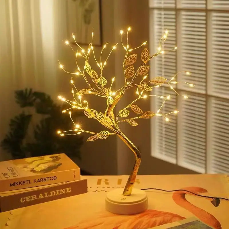 Table Tree Night Light USB/Battery Powered Touch Switch Artificial Bonsai Cherry Blossom Desktop Tree LED Lamp Light Decoration Golden leaf USB Plug